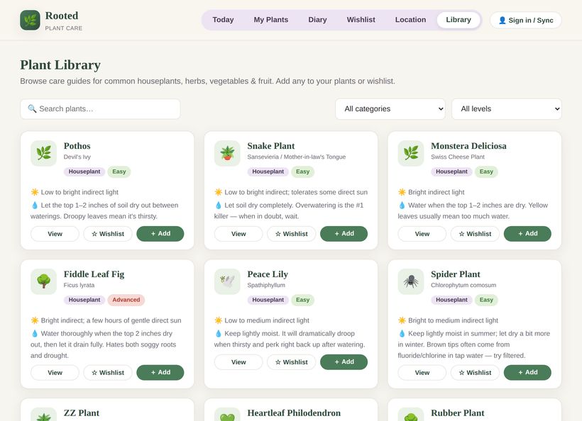Rooted plant library grid