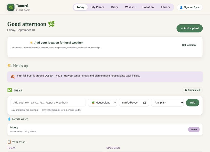 Rooted Today dashboard